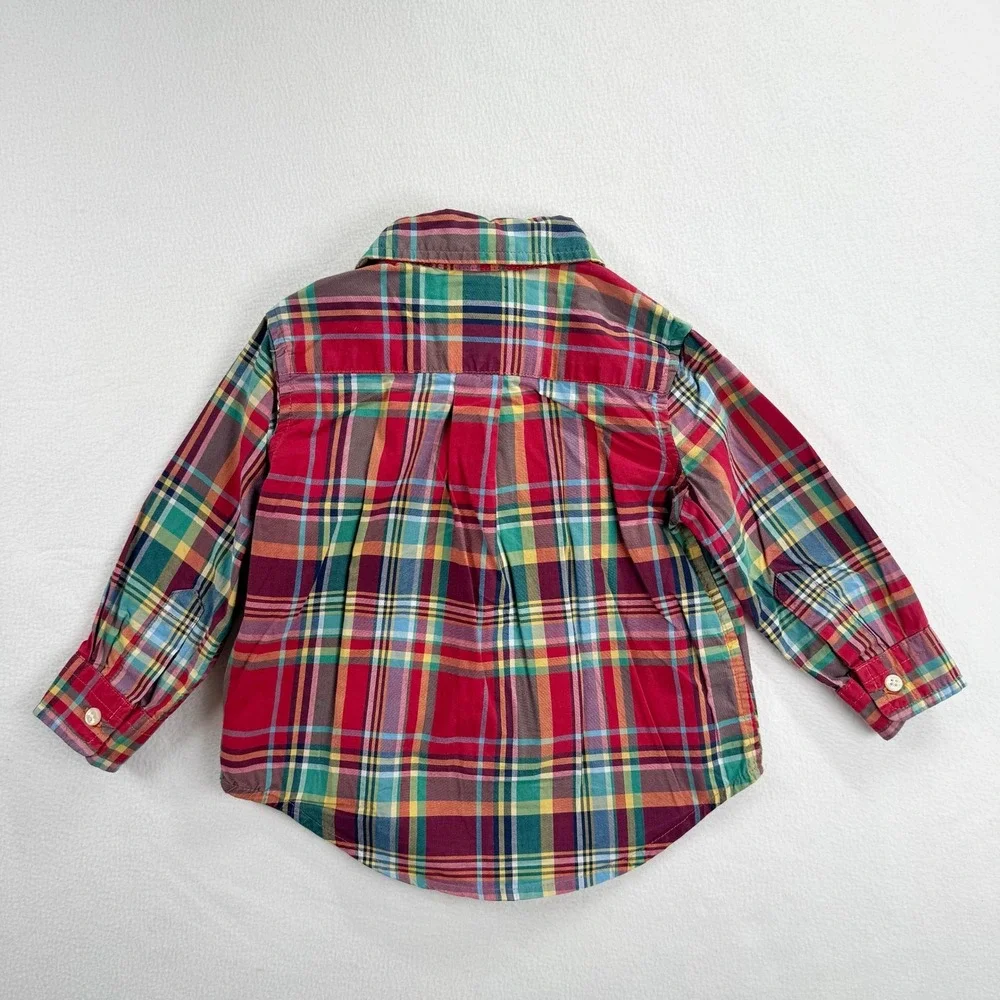 Ralph Lauren Toddler 12M Plaid Button Down Shirt Red Multi Long Sleeve Pony Logo